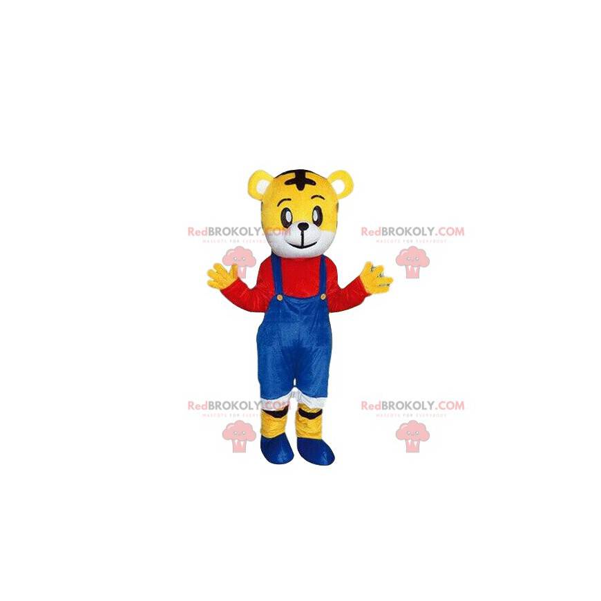 Yellow tiger mascot in colorful outfit, baby tiger costume -