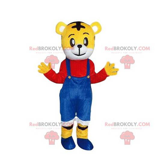 Maskot žlutý tygr v barevném oblečení, kostým dětského tygra -