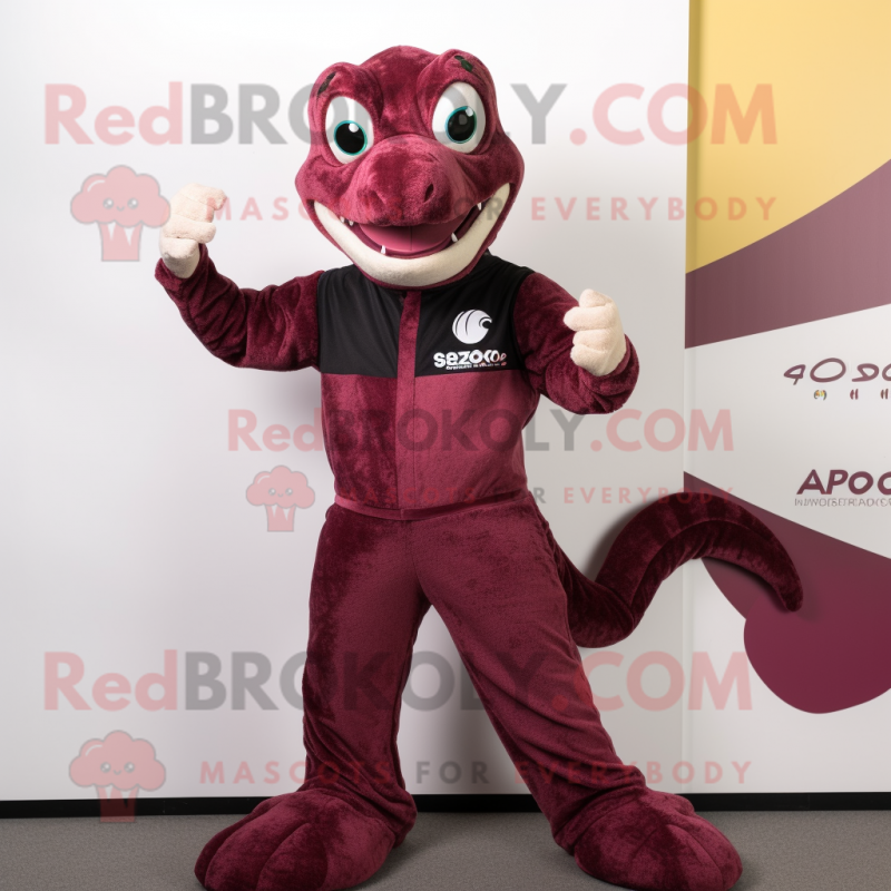 Maroon Lizard mascot costume character dressed with a Trousers and Smartwatches Maroon Lizard mascot costume character dressed with a Trousers and Smartwatches