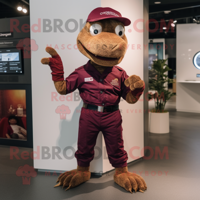 Maroon Lizard mascot costume character dressed with a Trousers and Smartwatches Maroon Lizard mascot costume character dressed with a Trousers and Smartwatches
