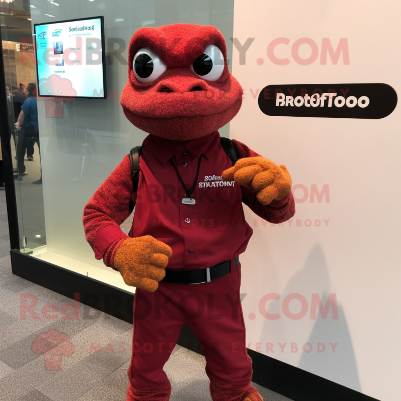 Maroon Lizard mascot costume character dressed with a Trousers and Smartwatches Maroon Lizard mascot costume character dressed with a Trousers and Smartwatches