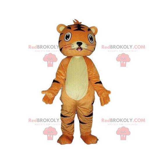 Orange and black tiger mascot, orange feline costume -