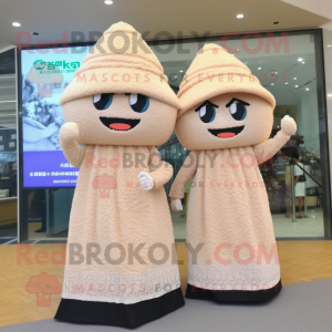 Beige Fried Rice mascot costume character dressed with a Maxi Dress and Berets