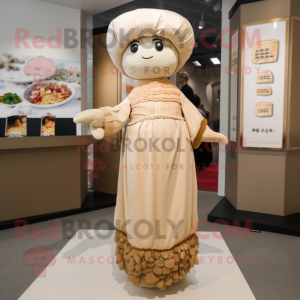 Beige Fried Rice mascot costume character dressed with a Maxi Dress and Berets