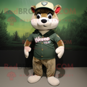 Olive Weasel mascot costume character dressed with a Baseball Tee and Ties