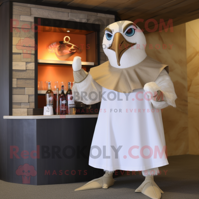 Beige Albatross mascot costume character dressed with a Cocktail Dress and Wraps Beige Albatross mascot costume character dressed with a Cocktail Dress and Wraps