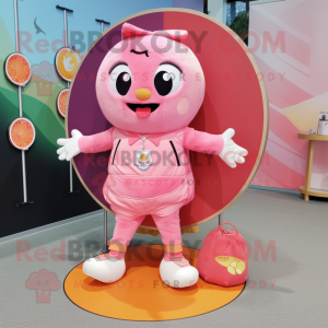 Peach Trapeze Artist mascot costume character dressed with a Bermuda Shorts and Coin purses