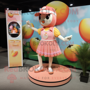 Peach Trapeze Artist mascot costume character dressed with a Bermuda Shorts and Coin purses