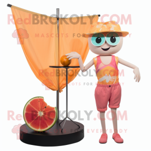 Peach Trapeze Artist mascot costume character dressed with a Bermuda Shorts and Coin purses