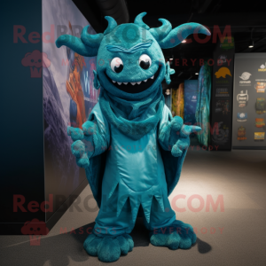 Teal Demon mascot costume character dressed with a Oxford Shirt and Shawls