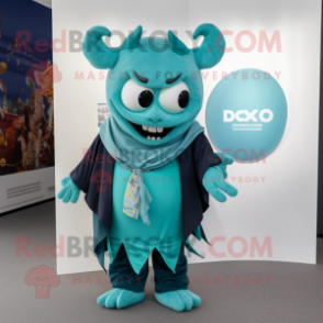 Teal Demon mascot costume character dressed with a Oxford Shirt and Shawls