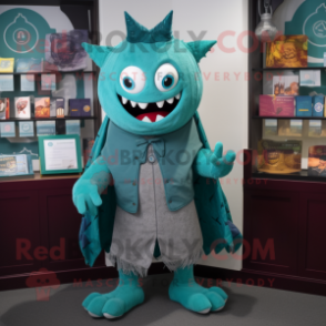 Teal Demon mascot costume character dressed with a Oxford Shirt and Shawls