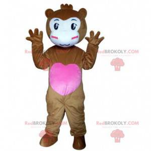 Braunes Affenmaskottchen mit einem Herz, romantisches Kostüm -