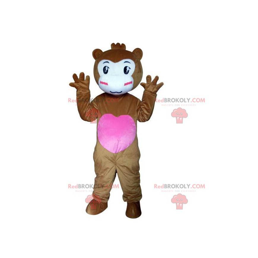 Braunes Affenmaskottchen mit einem Herz, romantisches Kostüm -