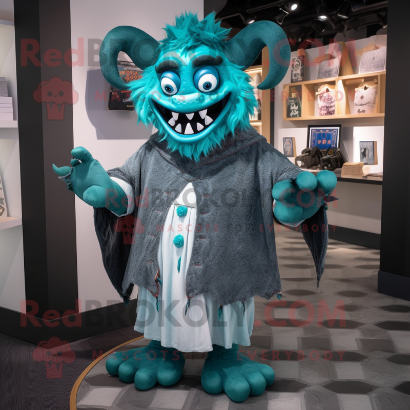 Teal Demon mascot costume character dressed with a Oxford Shirt and Shawls