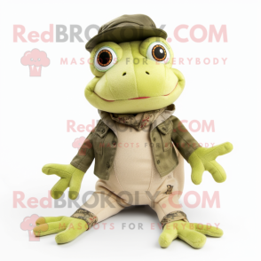 Beige Frog mascot costume character dressed with a Bootcut Jeans and Hair clips