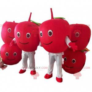2 mascotes de cerejas vermelhas, 2 frutas vermelhas, maçãs