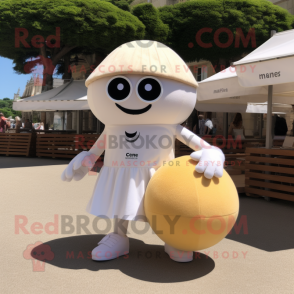 Cream Petanque Ball mascot costume character dressed with a Bikini and Messenger bags