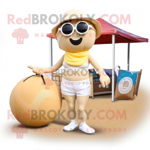 Cream Petanque Ball mascot costume character dressed with a Bikini and Messenger bags