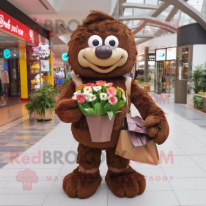 Brown Bouquet Of Flowers mascot costume character dressed with a T-Shirt and Handbags