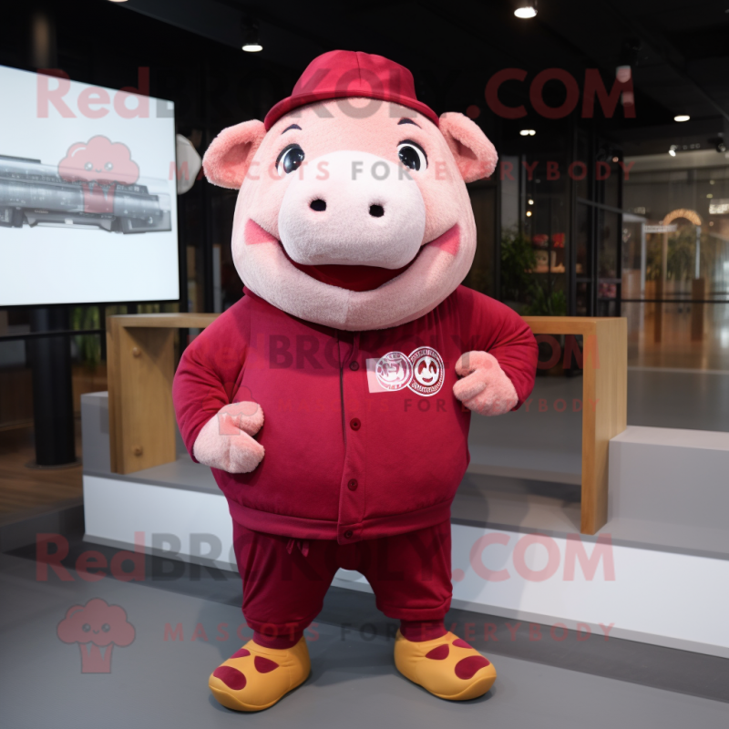 Maroon Pig mascot costume character dressed with a Romper and Beanies