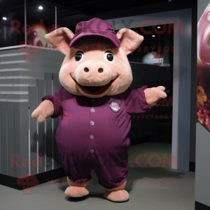 Maroon Pig mascot costume character dressed with a Romper and Beanies