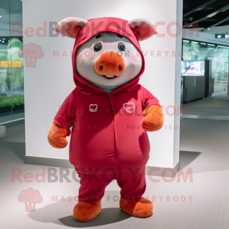 Maroon Pig mascot costume character dressed with a Romper and Beanies