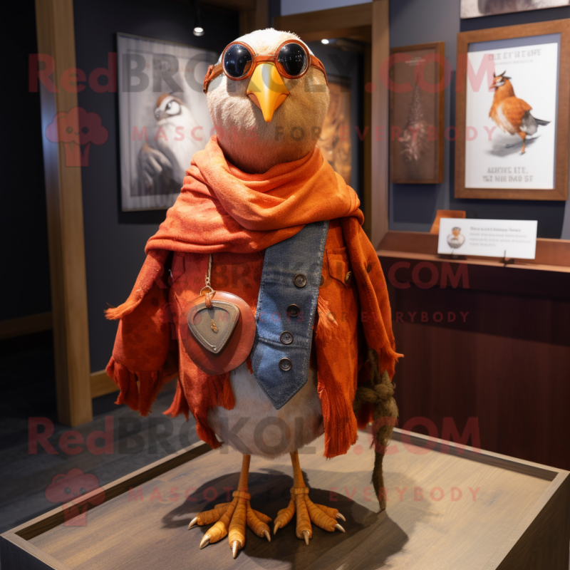 Rust Quail mascot costume character dressed with a Flare Jeans and Shawl pins