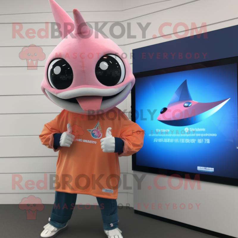 Peach Swordfish mascot costume character dressed with a Long Sleeve Tee and Digital watches