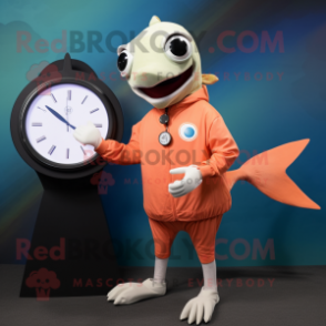 Peach Swordfish mascot costume character dressed with a Long Sleeve Tee and Digital watches