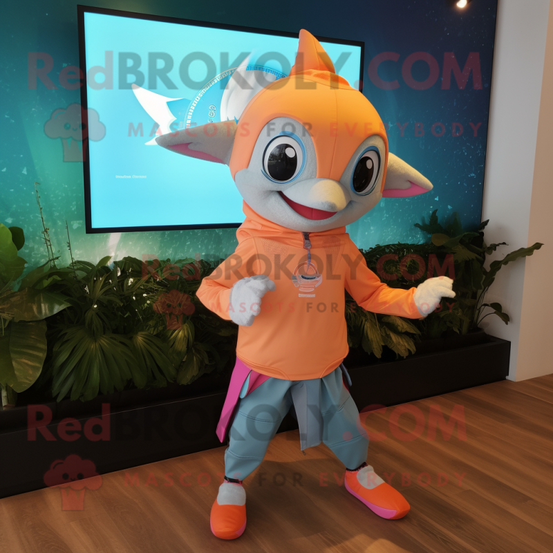 Peach Swordfish mascot costume character dressed with a Long Sleeve Tee and Digital watches