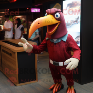 Maroon Toucan mascot costume character dressed with a Oxford Shirt and Foot pads