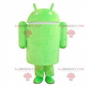 Android mascot, green robot costume, mobile phone disguise -