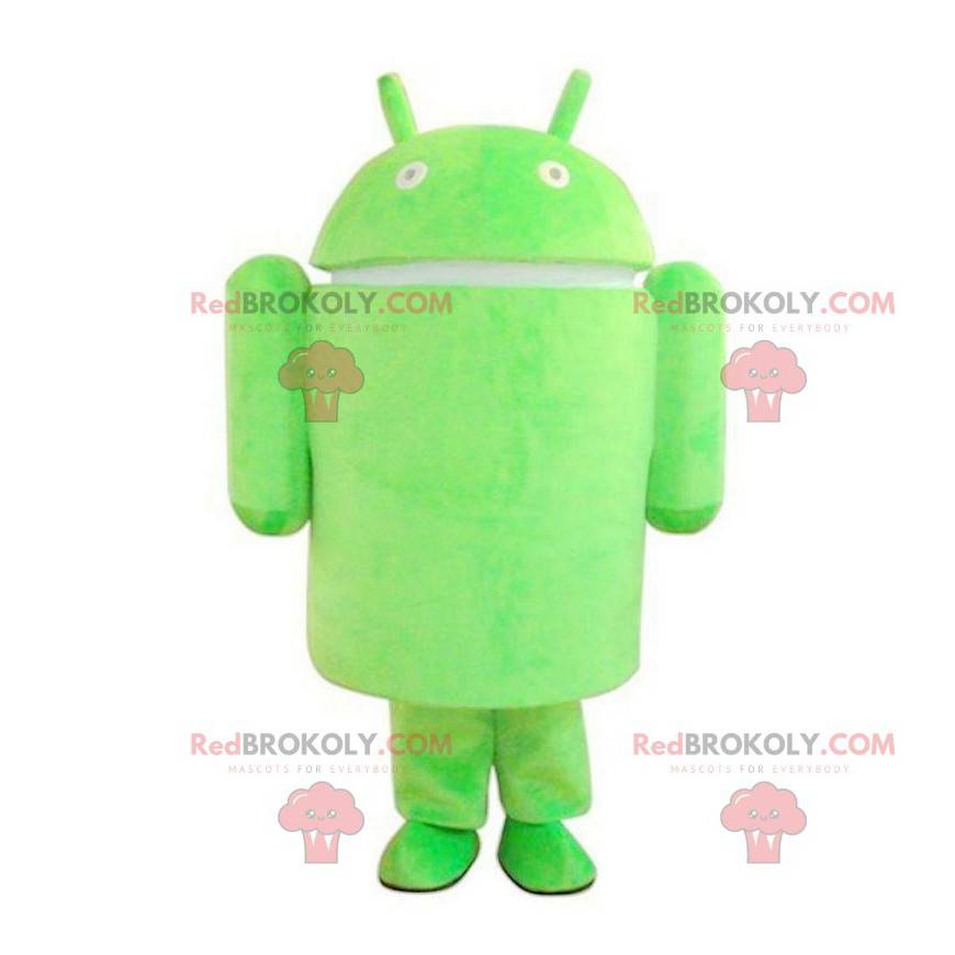 Android mascot, green robot costume, mobile phone disguise -