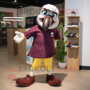 Maroon Toucan mascot costume character dressed with a Oxford Shirt and Foot pads