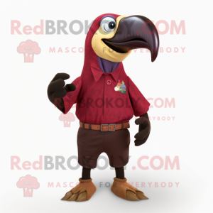 Maroon Toucan mascot costume character dressed with a Oxford Shirt and Foot pads