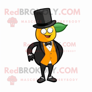 Orange Mango mascot costume character dressed with a Tuxedo and Shoe clips