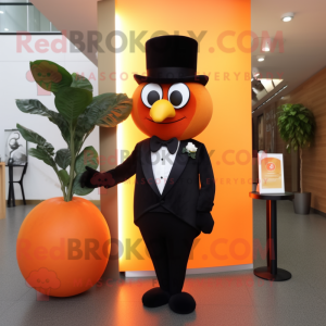 Orange Mango mascot costume character dressed with a Tuxedo and Shoe clips