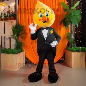 Orange Mango mascot costume character dressed with a Tuxedo and Shoe clips