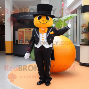 Orange Mango mascot costume character dressed with a Tuxedo and Shoe clips