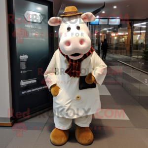 Cream Hereford Cow mascot costume character dressed with a Coat and Pocket squares
