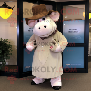 Cream Hereford Cow mascot costume character dressed with a Coat and Pocket squares