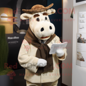 Cream Hereford Cow mascot costume character dressed with a Coat and Pocket squares