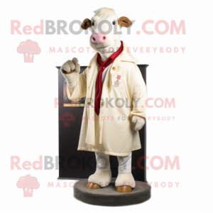Cream Hereford Cow mascot costume character dressed with a Coat and Pocket squares