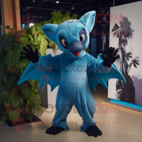 Blue Fruit Bat mascot costume character dressed with a Jumpsuit and Mittens