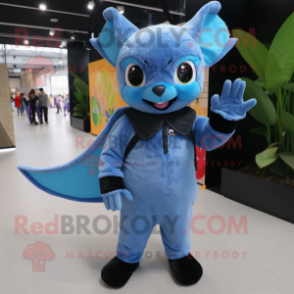 Blue Fruit Bat mascot costume character dressed with a Jumpsuit and Mittens