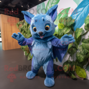 Blue Fruit Bat mascot costume character dressed with a Jumpsuit and Mittens