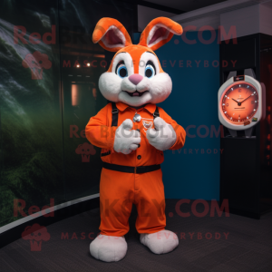 Orange Rabbit mascot costume character dressed with a Romper and Bracelet watches