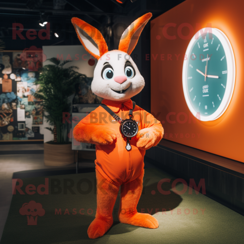 Orange Rabbit mascot costume character dressed with a Romper and Bracelet watches Orange Rabbit mascot costume character dressed with a Romper and Bracelet watches