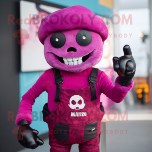 Magenta Skull mascot costume character dressed with a Dungarees and Mittens